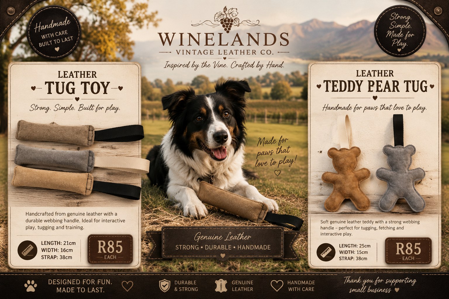 Handcrafted leather dog toys